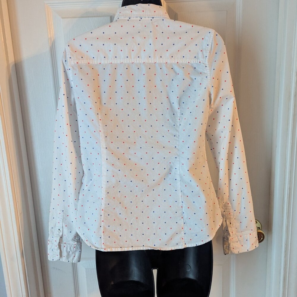 White 100% cotton button down shirt with pink and blue polka dots - small - Picture 3 of 5